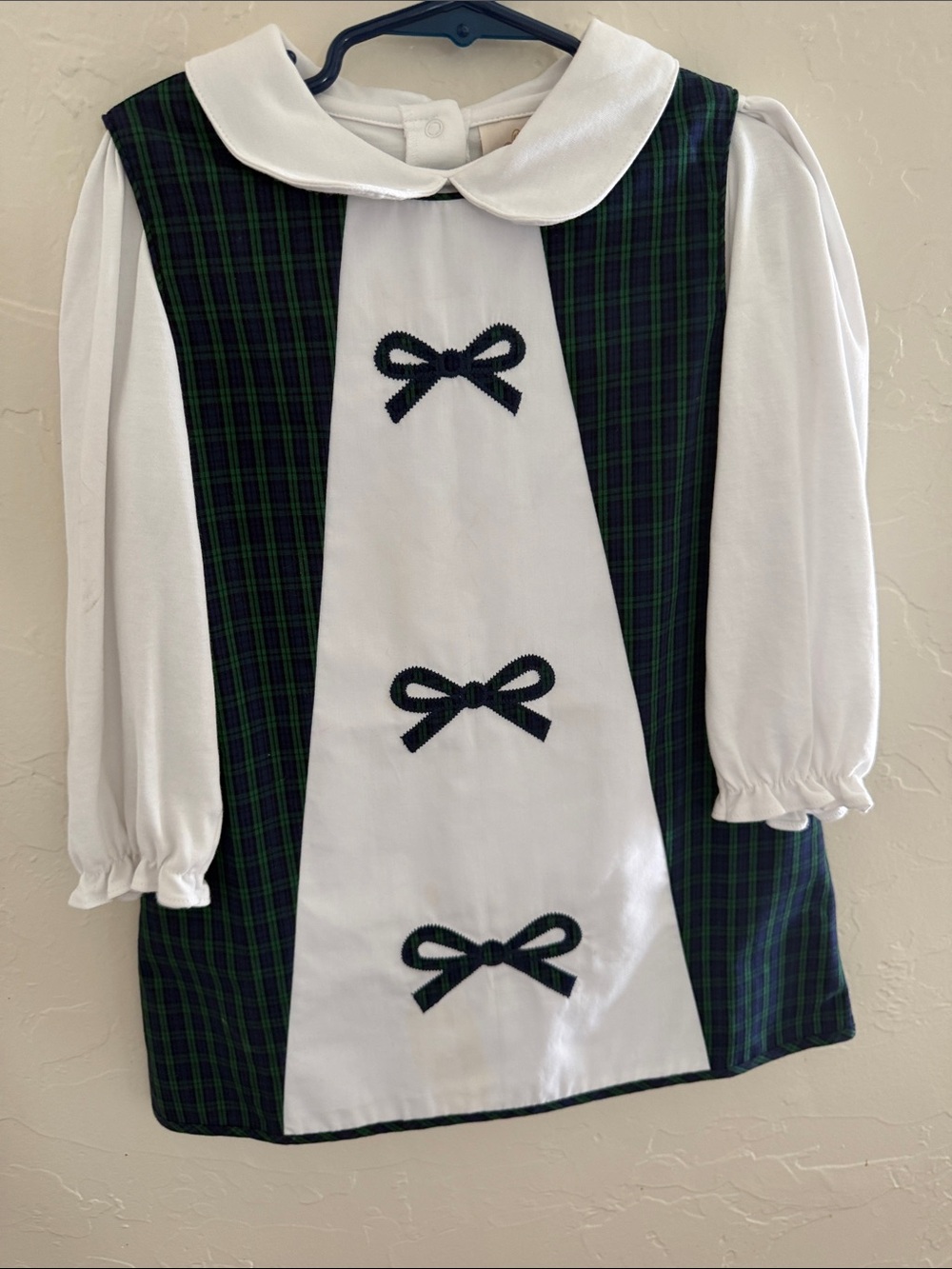 Girls White & Green Plaid Dress with white long sleeve shirt underneath